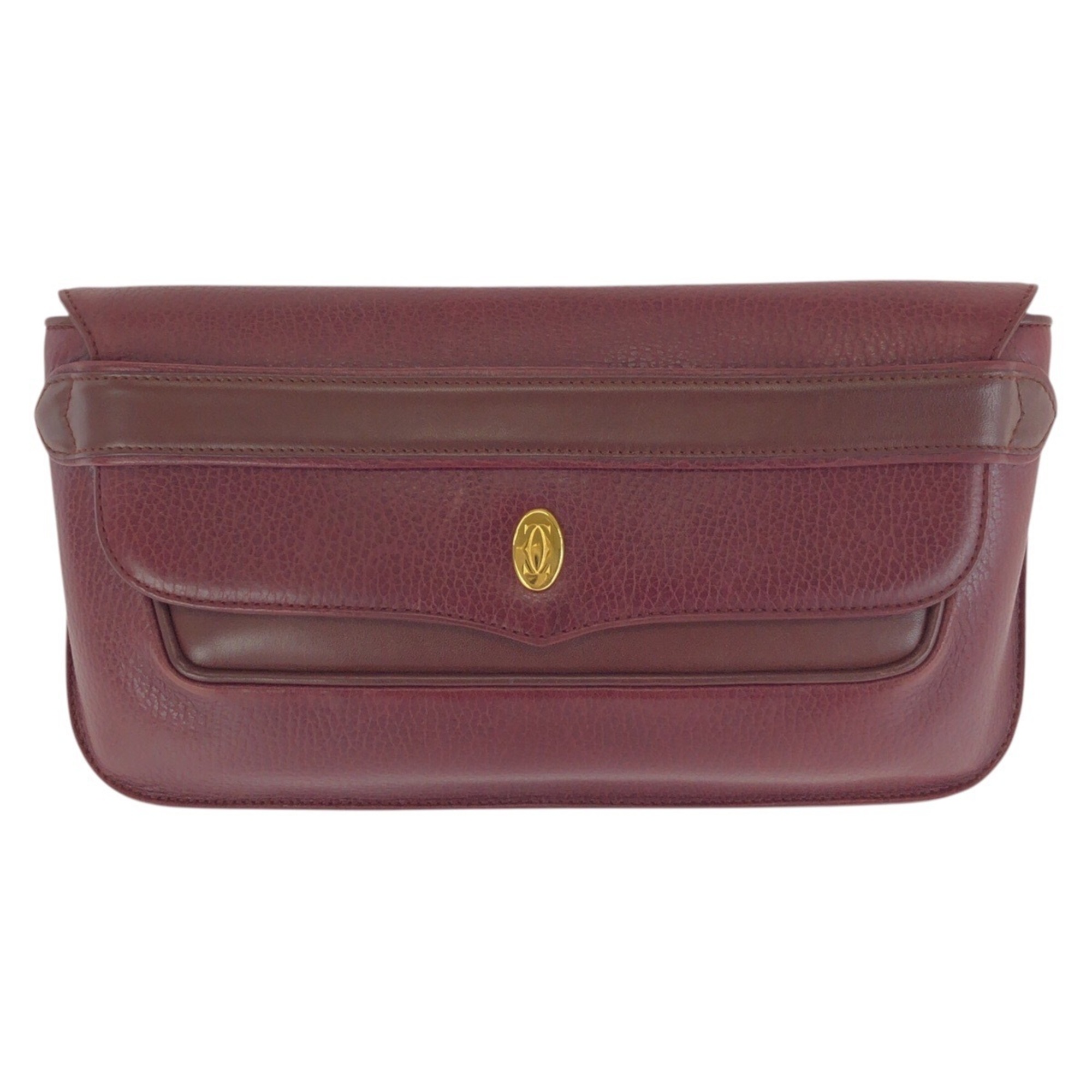 CARTIER Vintage Must Line Clutch Bag for Women, Wine Red/Bordeaux Leather with Gold Hardware.