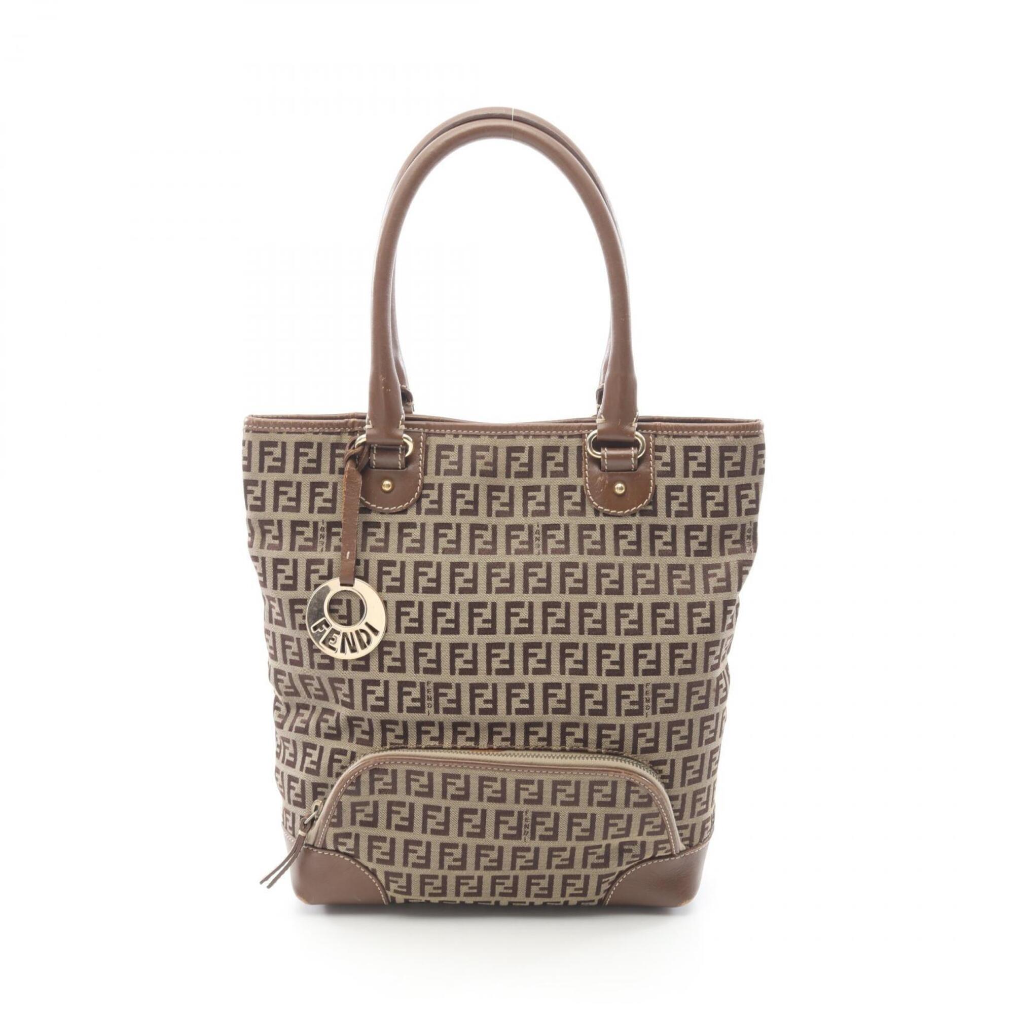Fendi Zucchino Tote Bag Handbag Canvas Leather Women's Beige Brown
