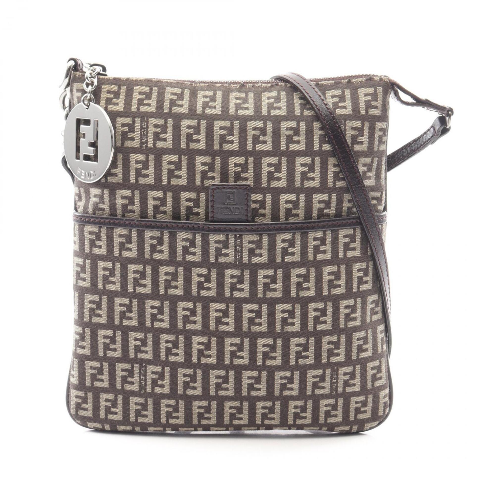 Fendi Zucchino Shoulder Bag/Handbag, Canvas and Leather, Women's, Brown, 8BT150