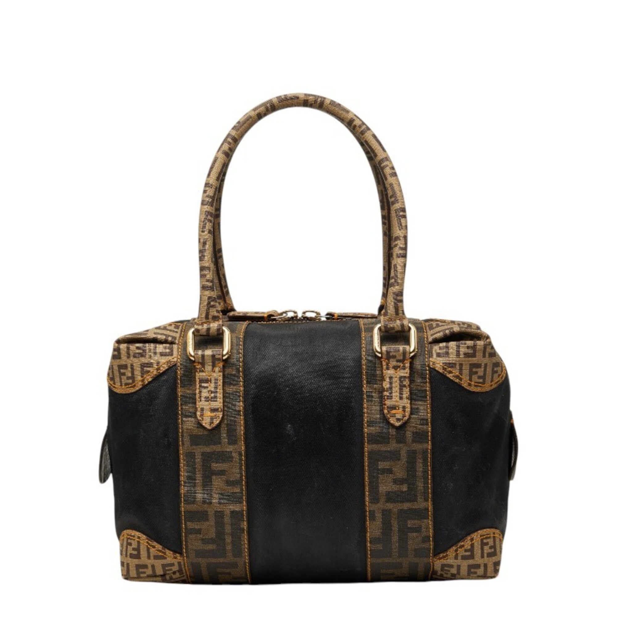 Fendi Zucca Zucchino Mini Boston Bag, Handbag, Shoulder 8BL095, Black/Brown Canvas Leather, Women's FENDI