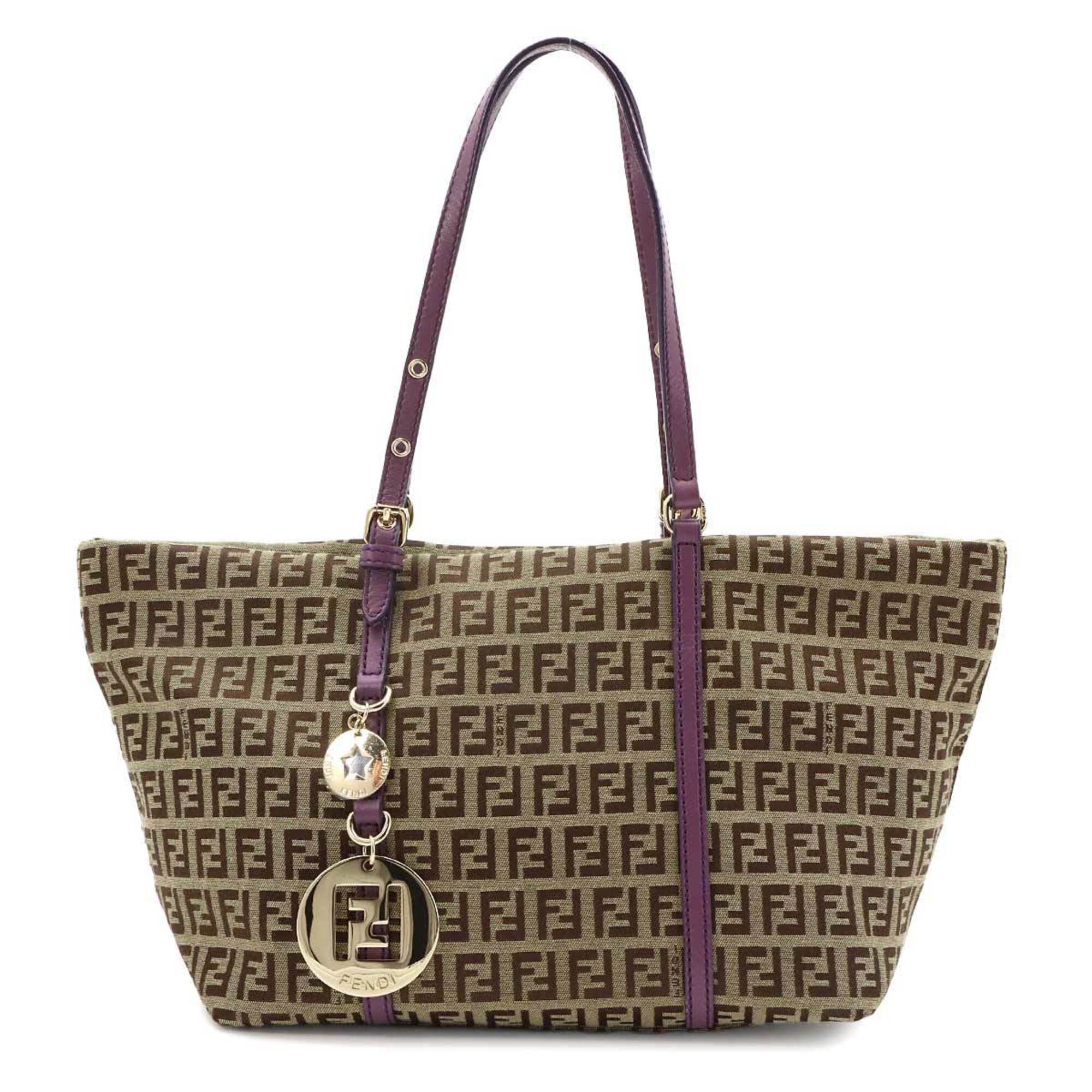 Fendi Zucchino Tote Handbag, Canvas and Leather, Beige Purple, 8BH214, Gold Hardware.