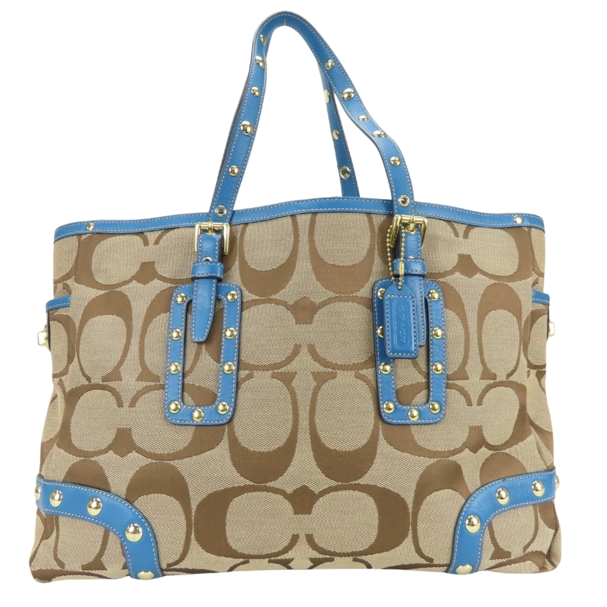Coach Signature Tote Bag 1488 Canvas Leather Blue Brown Studs Women's COACH