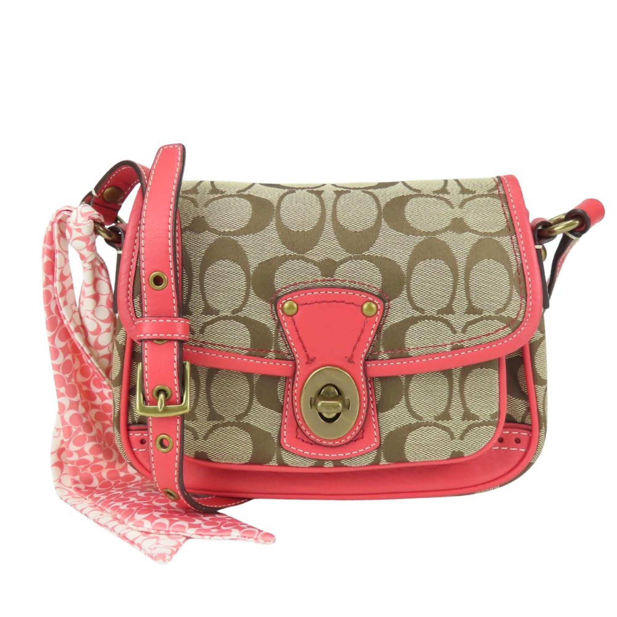 Coach Signature Shoulder Bag 10569 Canvas Leather Beige Pink Pouch Women's COACH