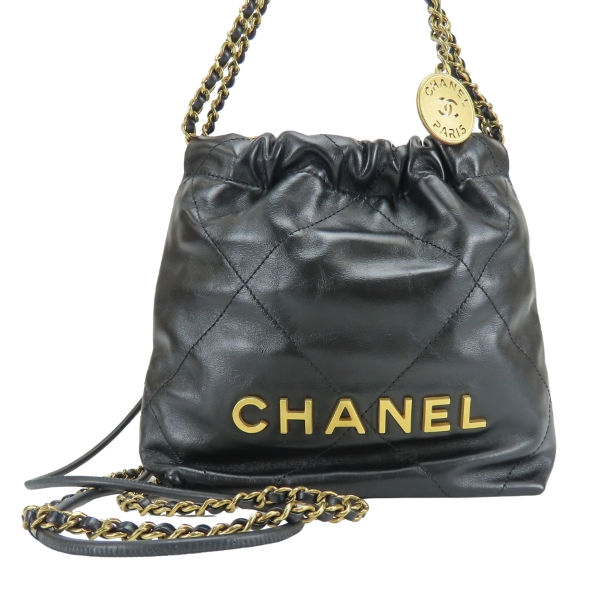 Chanel Shoulder Bag, 22 Mini Handbag AS3980, Shiny Calfskin, Black, Gold Hardware, Women's CHANEL