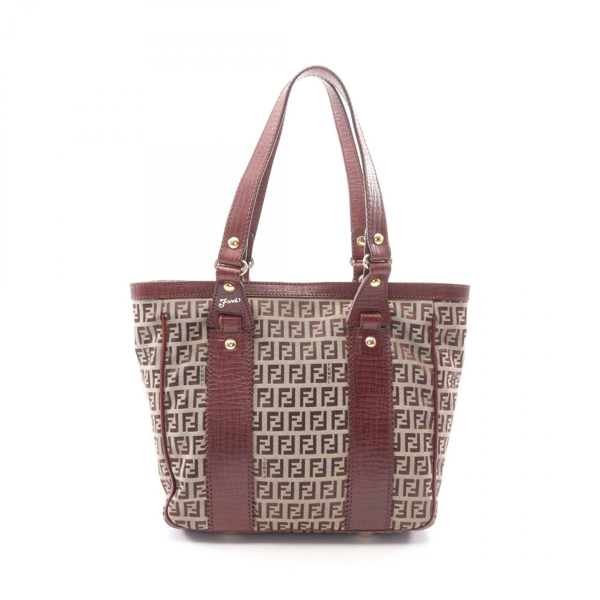 Fendi Zucchino Tote Bag Handbag Canvas Leather Women's Beige Brown