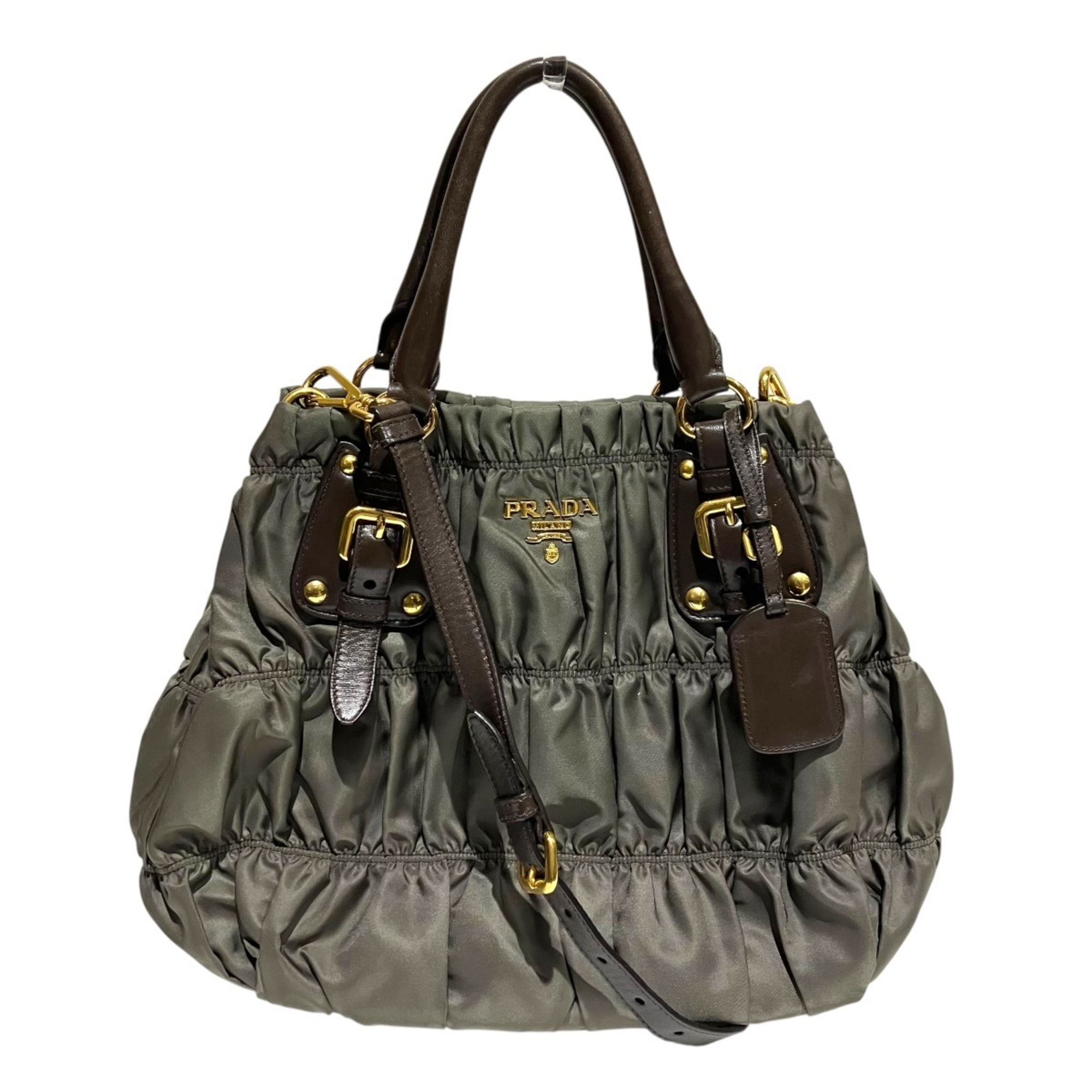 Prada Gathered Bag Handbag Tessuto Gaufre Nylon Leather BN1788