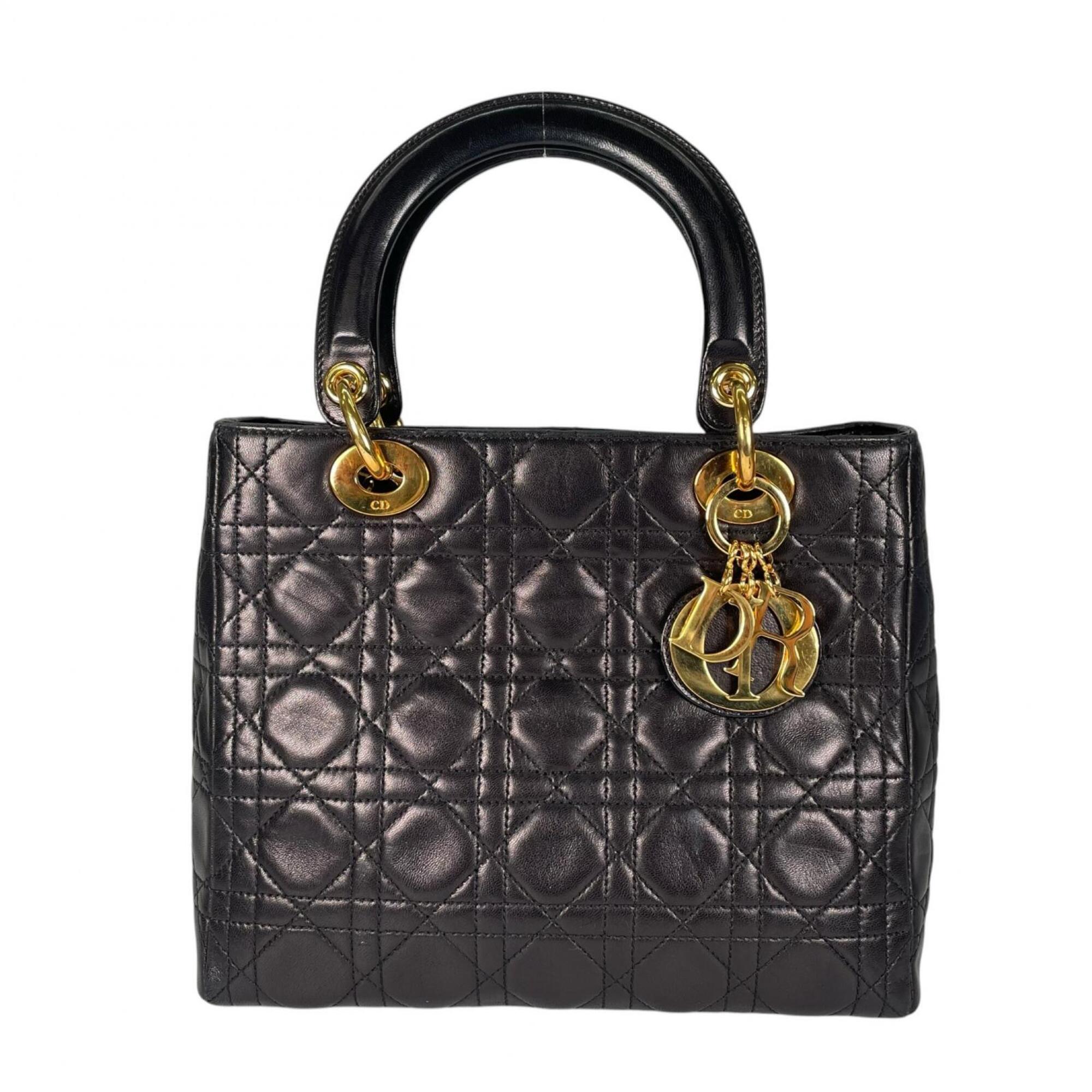 Christian Dior Dior Lady MA-0957 Handbag, Lambskin, Black, Women's