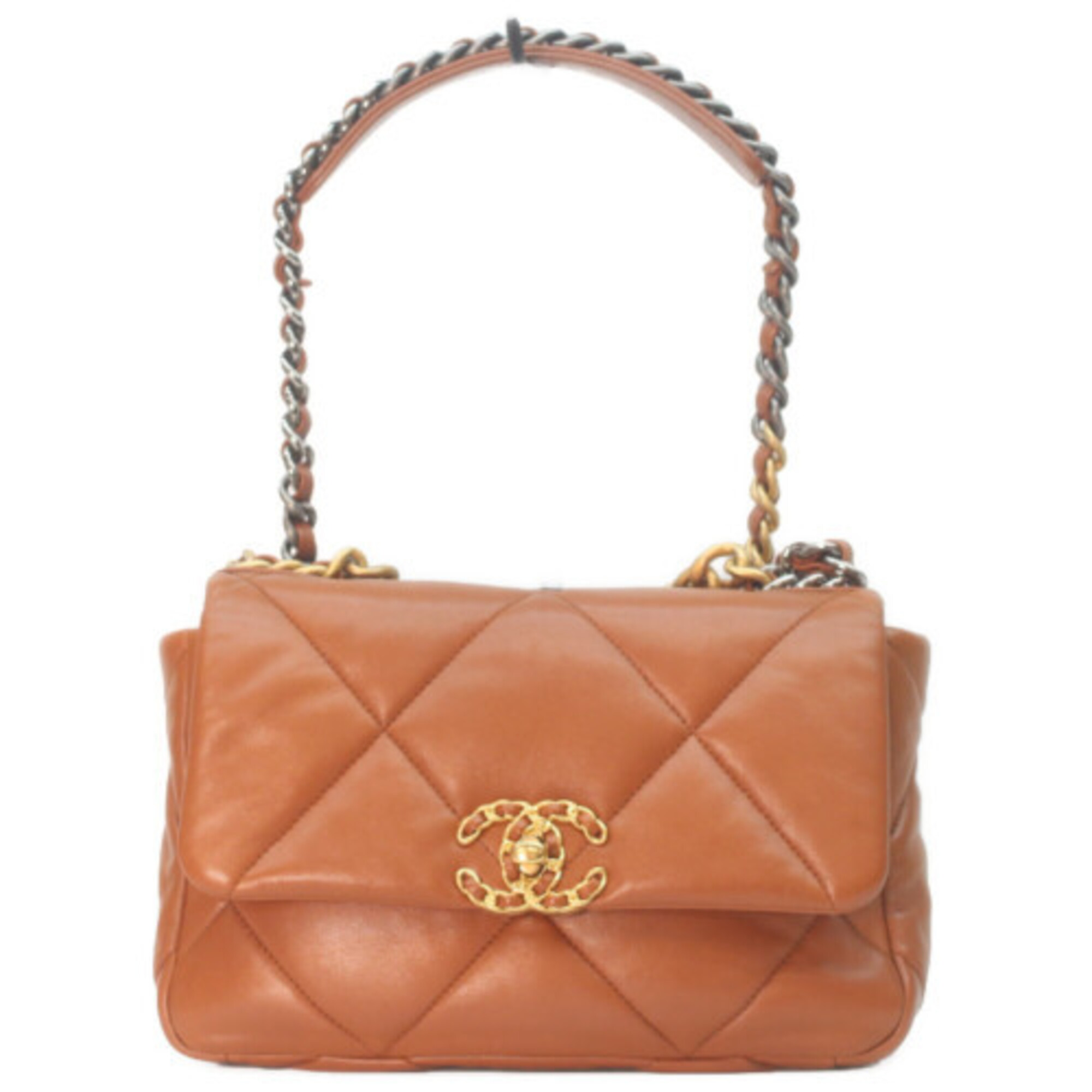 CHANEL AS1160 Lambskin Chanel 19 Small Chain Shoulder Bag Brown Gold & Silver Hardware Women's