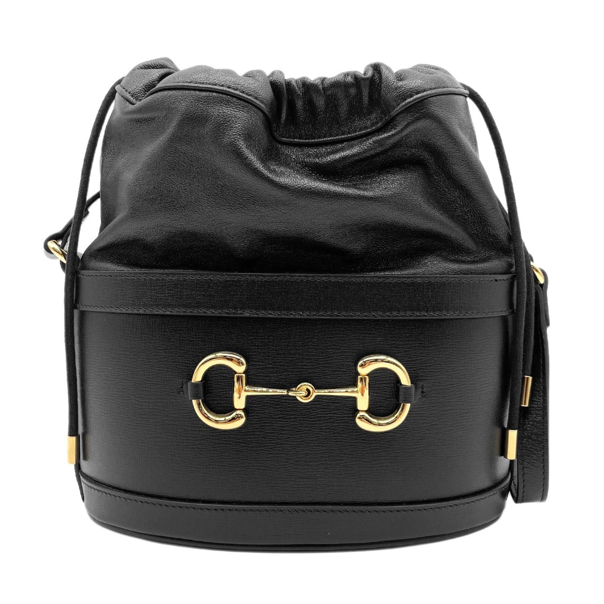 GUCCI Horsebit 1955 Bucket Drawstring Shoulder Bag, Leather, Black, Women's