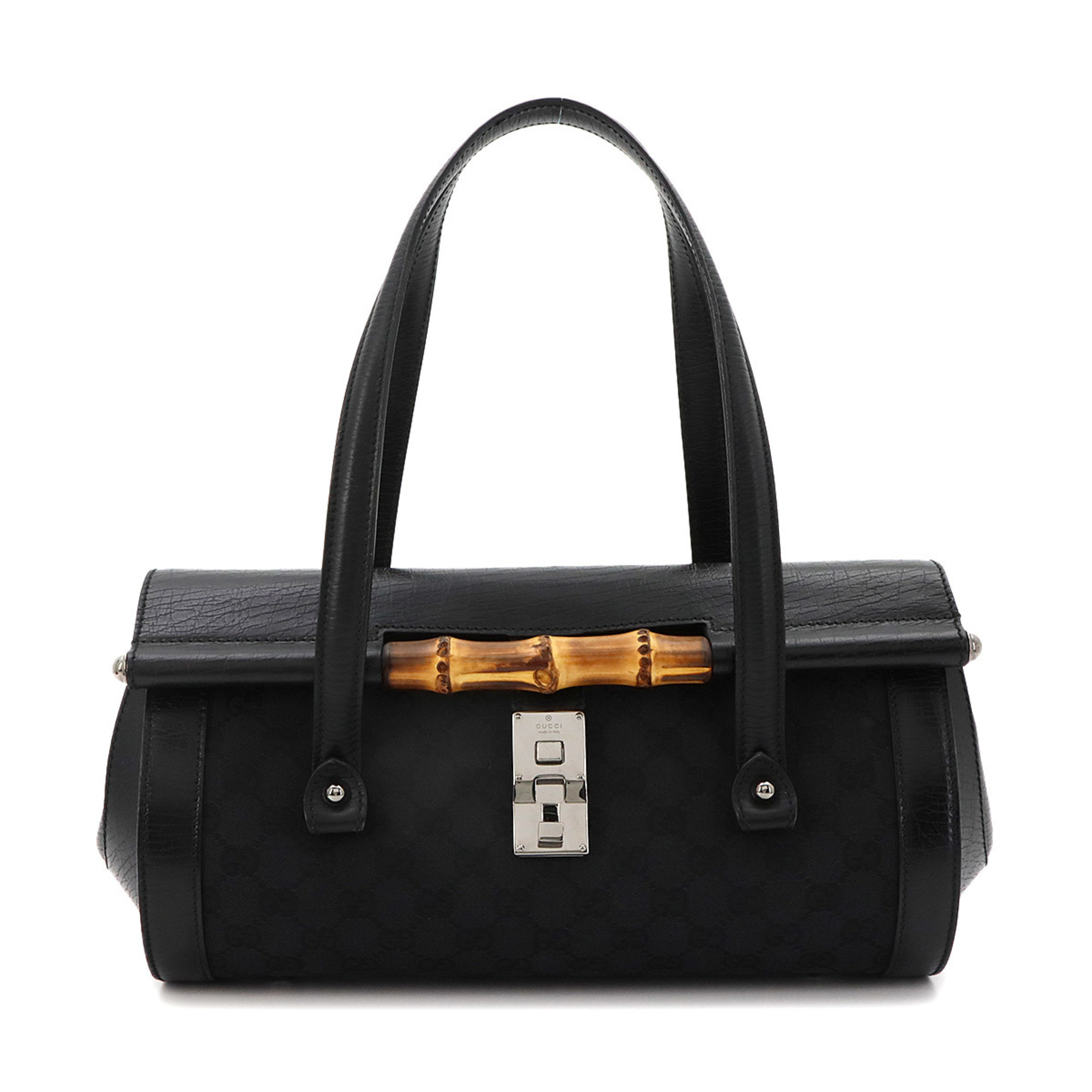 Gucci Bamboo Handbag, GG Canvas Leather, Black, 111713, Silver Hardware.