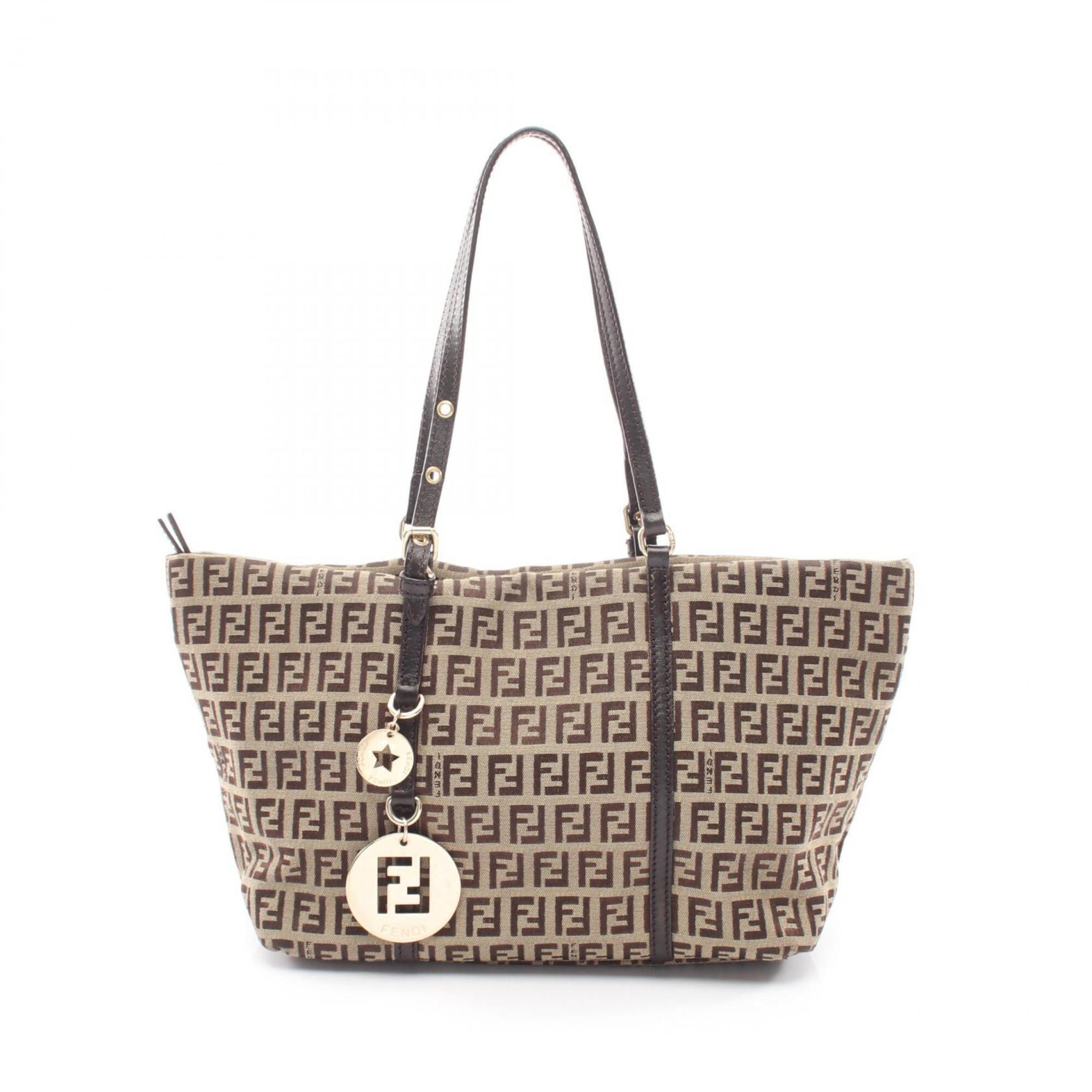 Fendi Zucchino Tote Bag Handbag Canvas Leather Women's Beige/Brown 8BH214