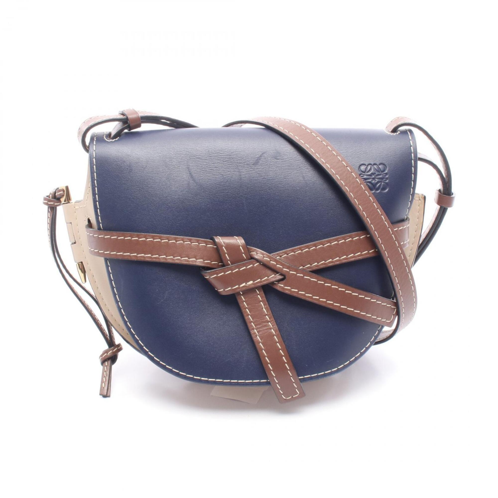 Loewe Gate Small Shoulder Bag/Handbag, Leather, Women's, Navy, Beige, Brown, 321.12.T20